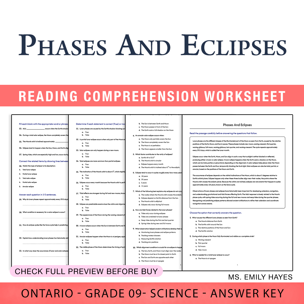 Grade 9 Science worksheet worksheet — Grade 9 Science | Phases And Eclipses Worksheet (PDF + Answer Key) — page 1