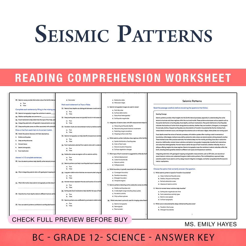 Grade 12 Science worksheet worksheet — Grade 12 Science | Seismic Patterns Worksheet (PDF + Answer Key) — page 1