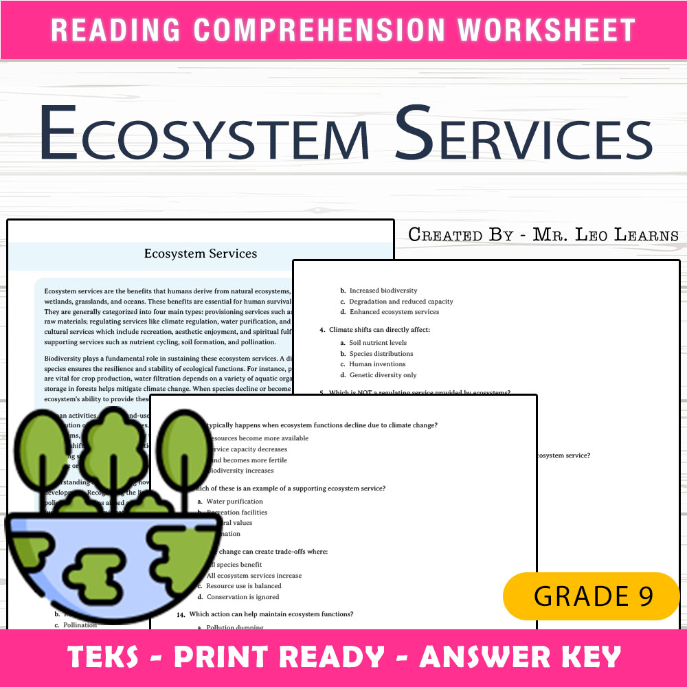 Grade 9 Science worksheet worksheet — Grade 9 Science | Ecosystem Services Worksheet for Mastering Ecosystem Benefits — pa…