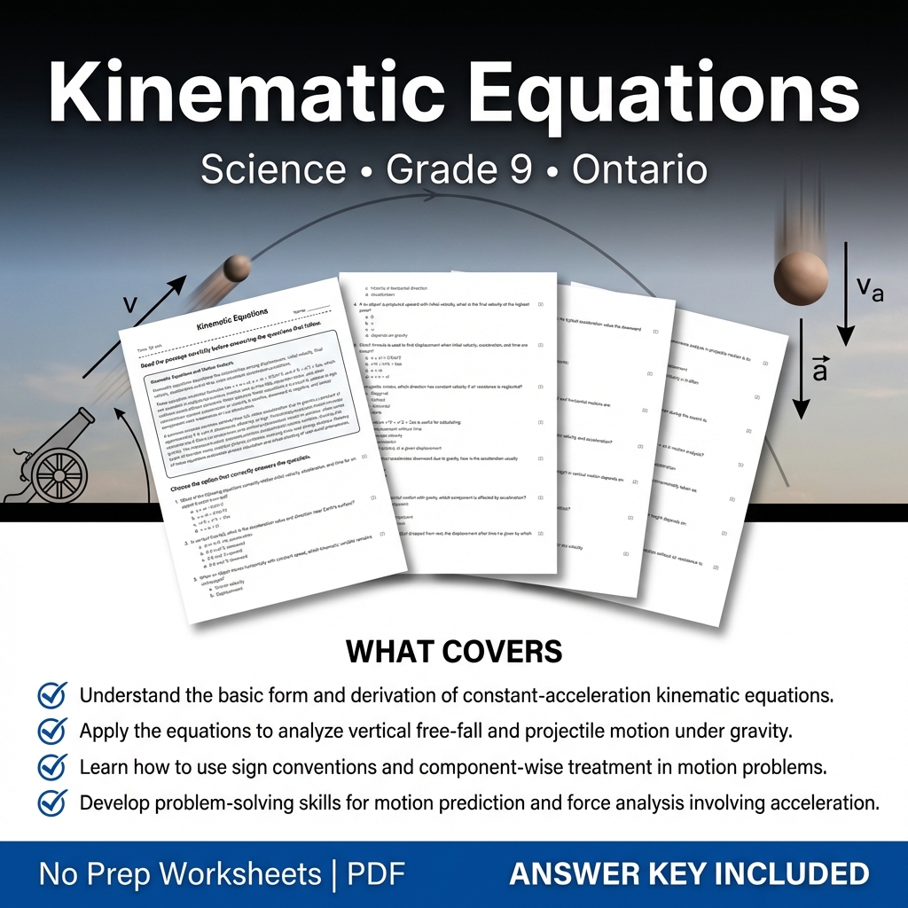 Grade 9 Science worksheet — Kinematic Equations Worksheet for Grade 9 Science | Ontario Standards