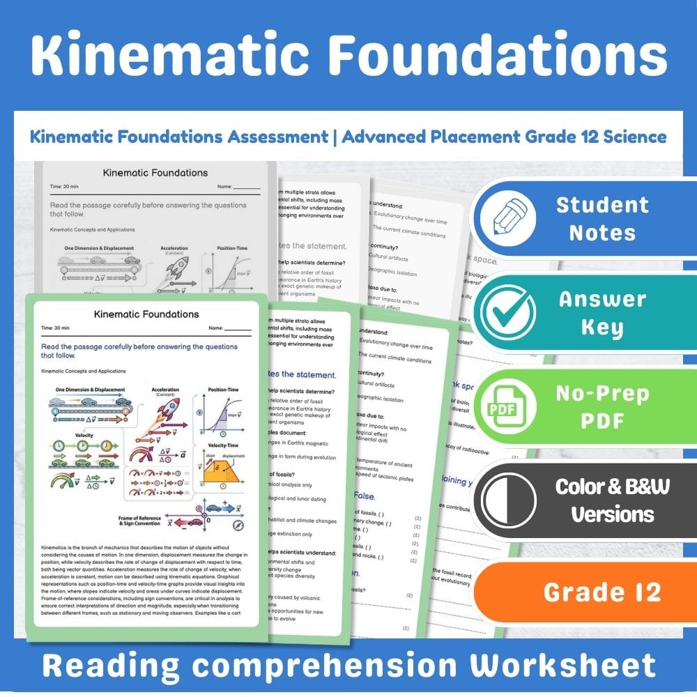 Grade 12 Science assessment worksheet — Kinematic Foundations Assessment | Advanced Placement Standards-aligned Grade 12 S…