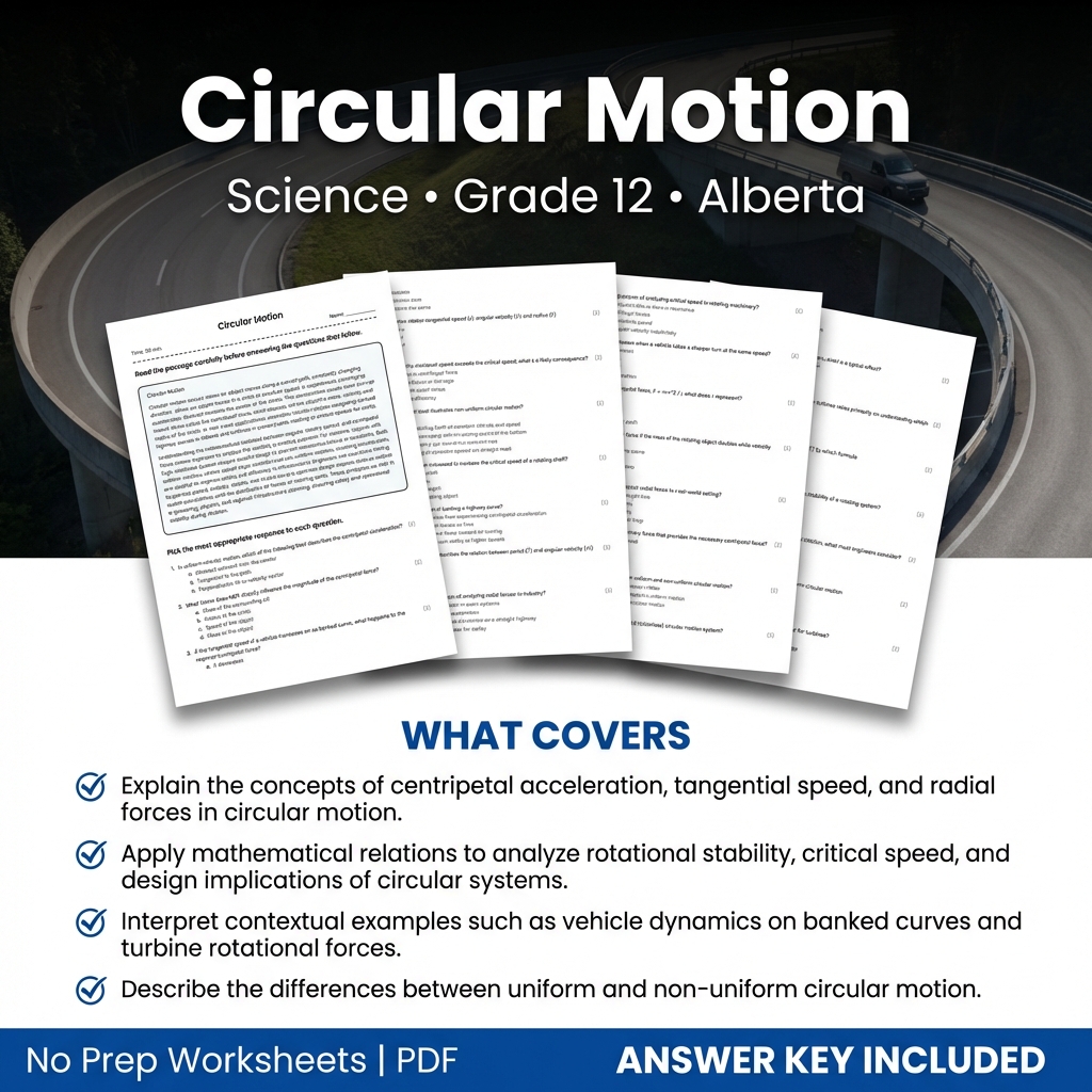 Grade 12 Science Worksheet on Circular Motion | Alberta Standards