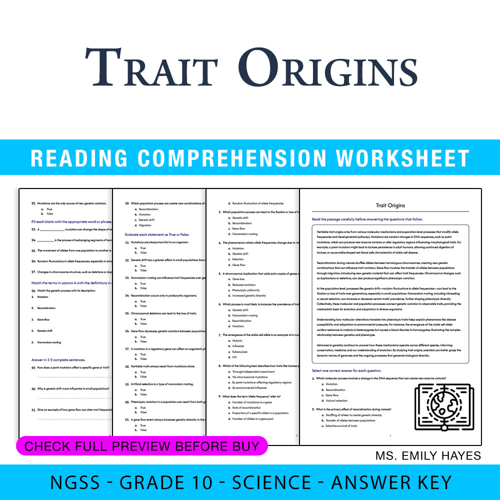 Grade 10 Science worksheet worksheet — Grade 10 Science | Trait Origins Worksheet (PDF + Answer Key) — page 1