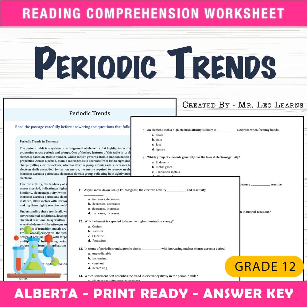 Grade 12 Science worksheet mcq paper worksheet — Grade 12 Science — Periodic Trends Worksheet for Mastery — page 1