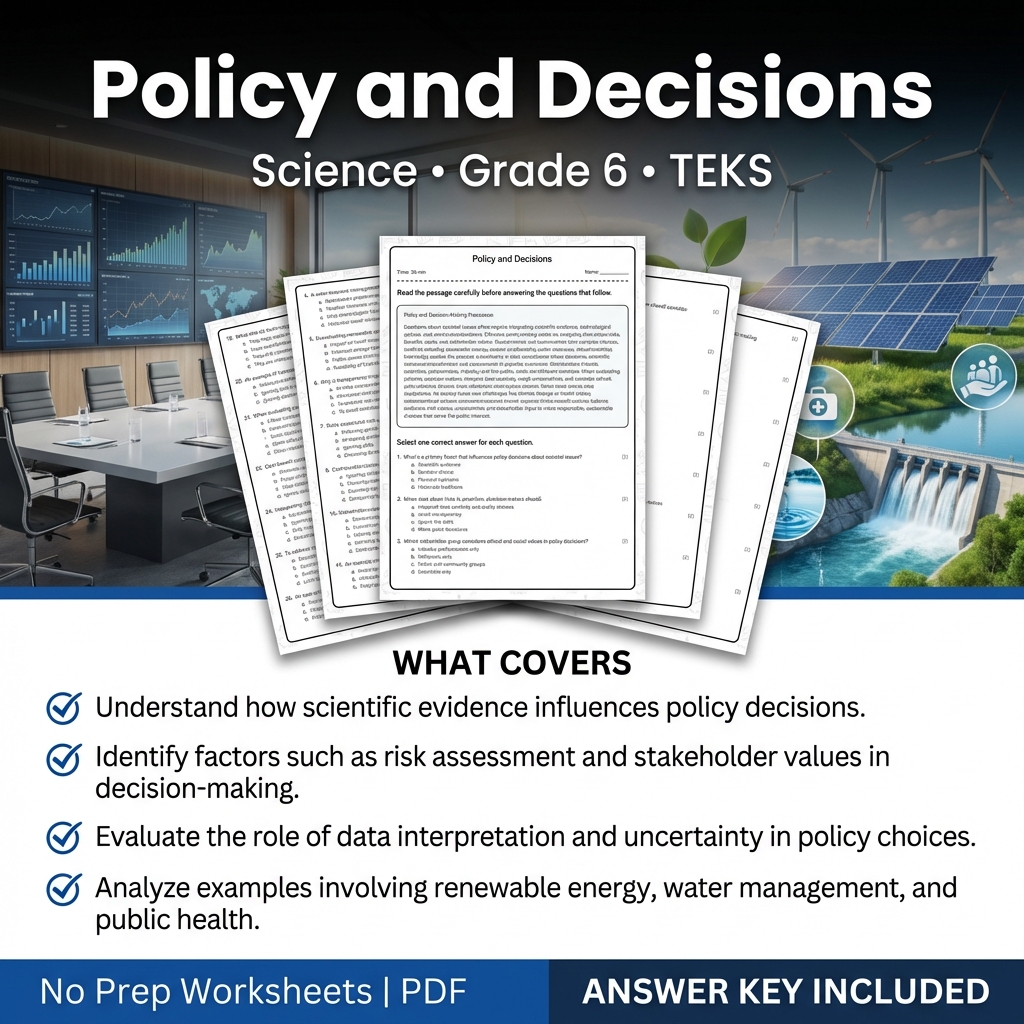 Grade 6 Science Worksheet on Policy and Decisions | TEKS aligned