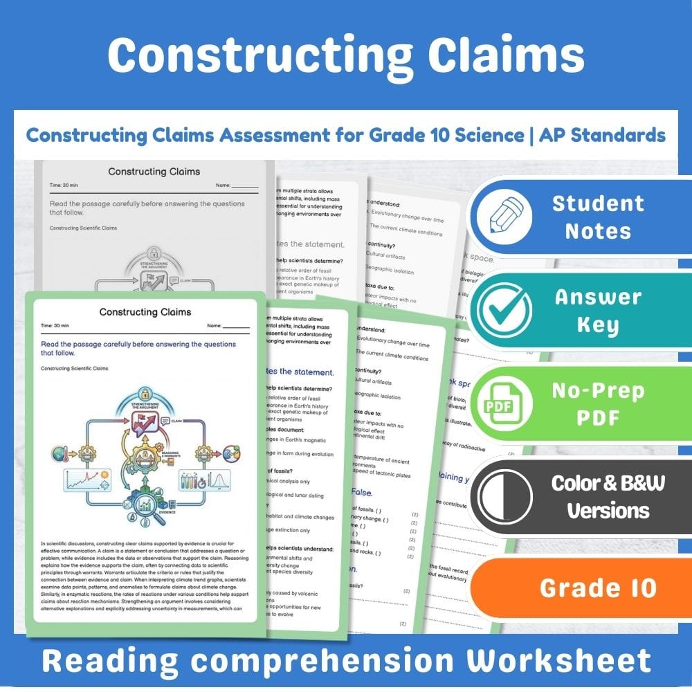 Grade 10 Science assessment worksheet — Constructing Claims Assessment for Grade 10 Science | AP Standards — page 1