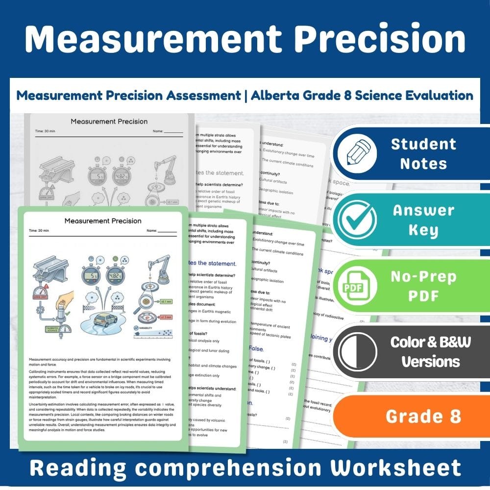 Grade 8 Science assessment worksheet — Measurement Precision Assessment | Alberta Grade 8 Science Evaluation — page 1
