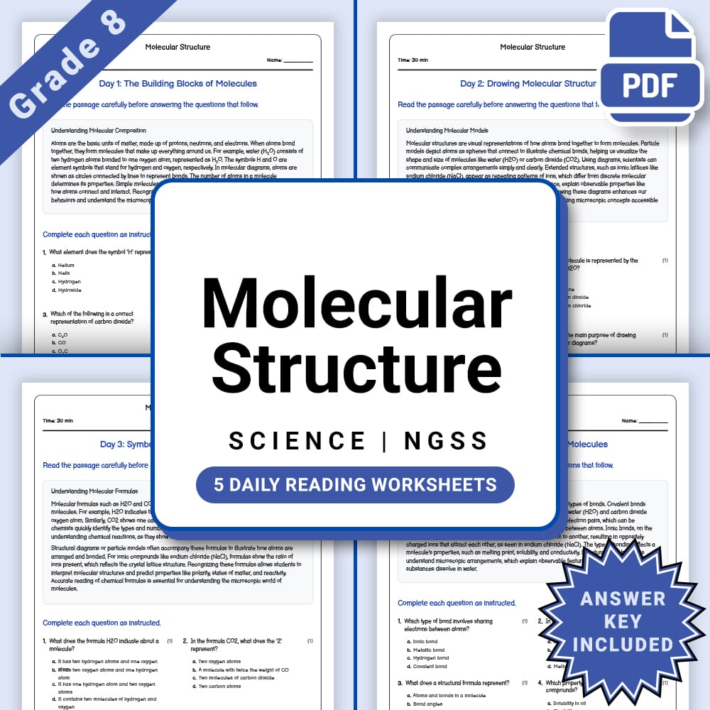 Grade 8 Science daily reading worksheet worksheet — Grade 8 Science – Molecular Structure Daily Reading Worksheet(PDF + An…