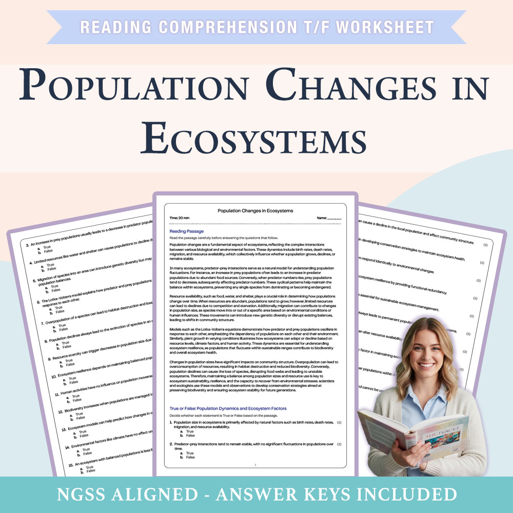 Science reading comprehensions true or false worksheet worksheet — Grade 7 Science | Population Changes in Ecosystems Work…