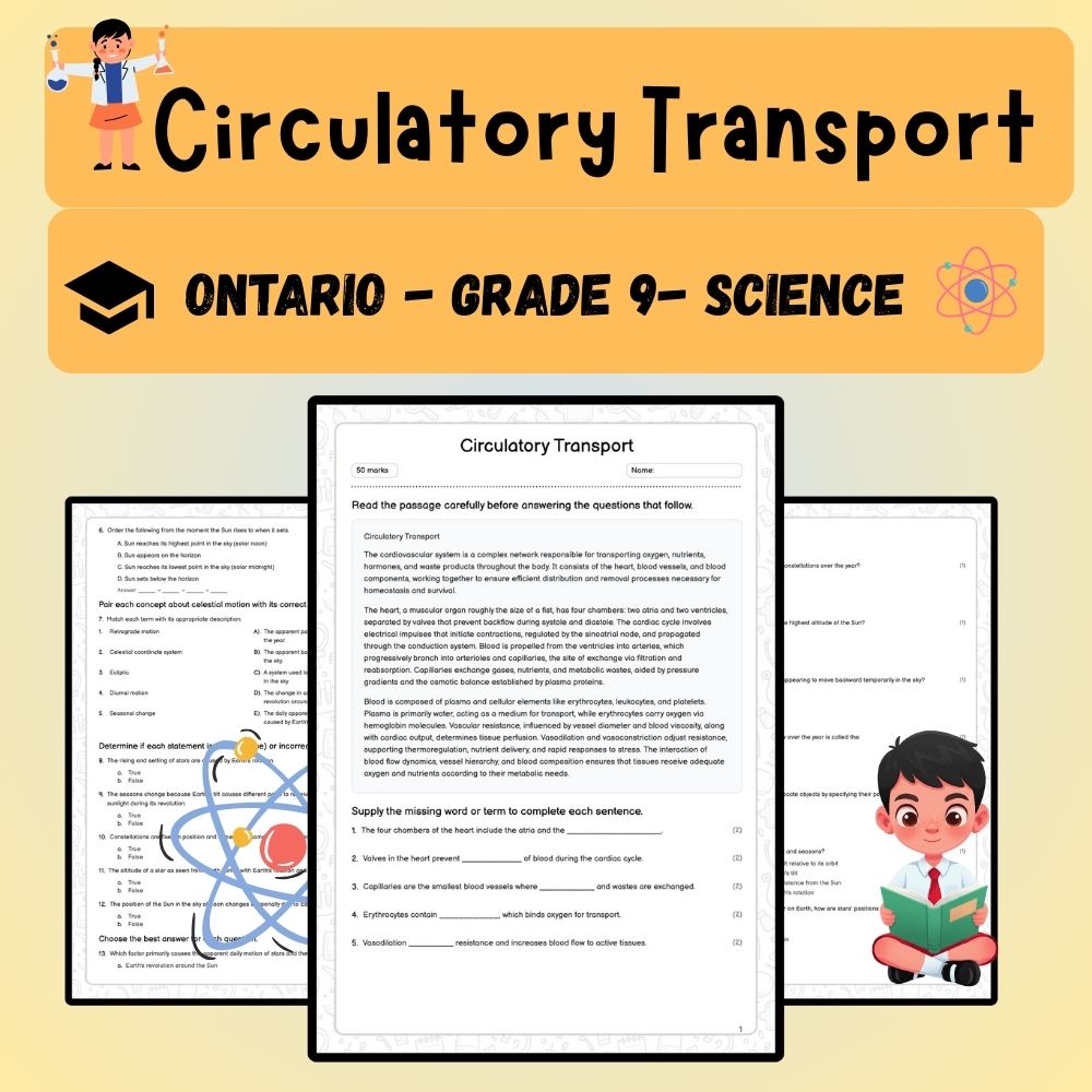 Grade 9 Science worksheet worksheet — Grade 9 Science | Circulatory Transport Worksheet – Ontario Standard (PDF) — page 1
