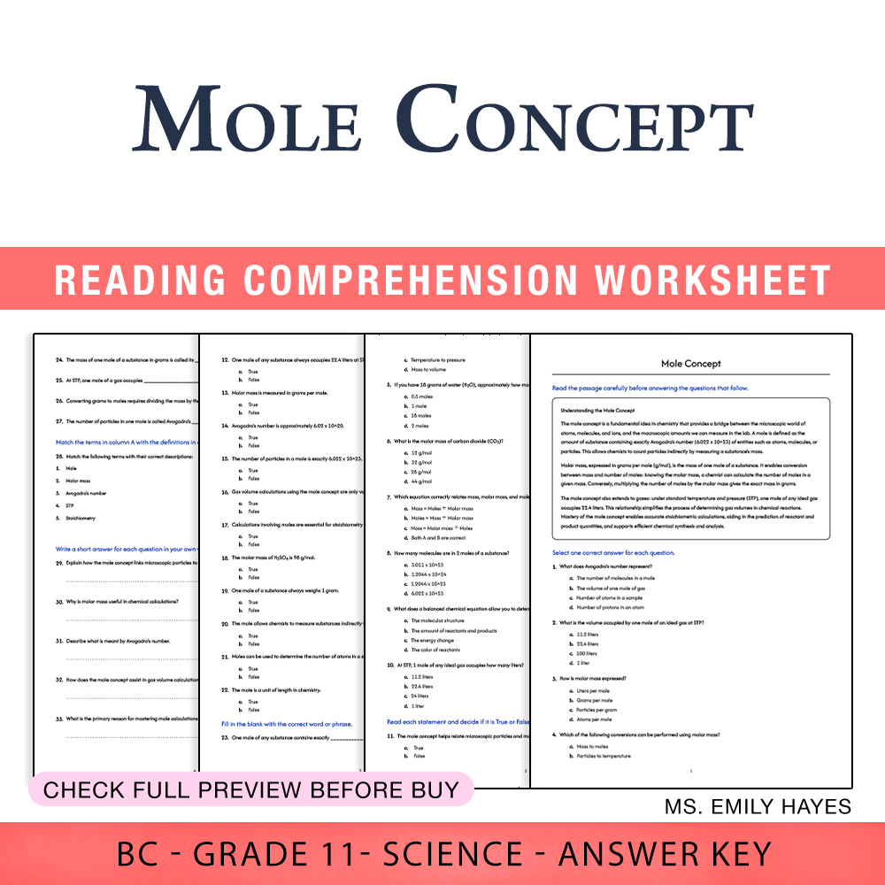 Grade 11 Science worksheet worksheet — 11th Grade Science | Mole Concept Worksheet (PDF + Answer Key) — page 1