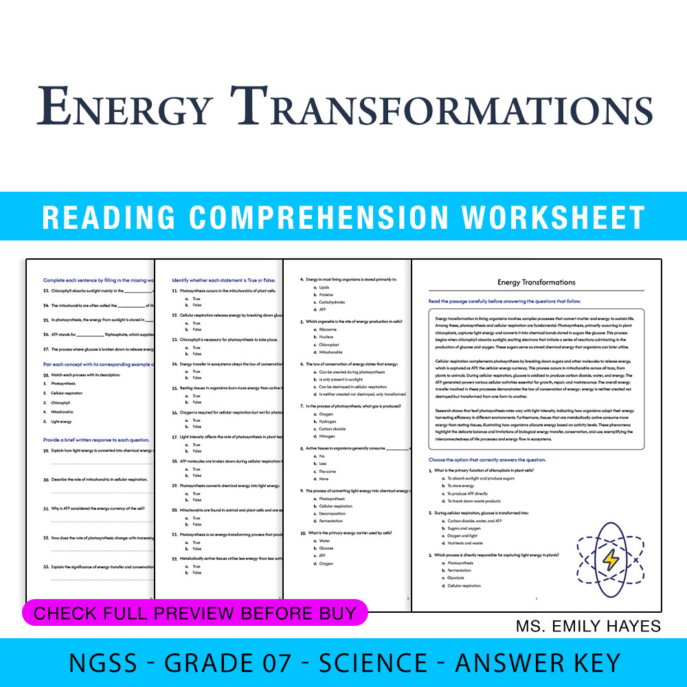 Grade 7 Science worksheet worksheet — 7th Grade Science | Energy Transformations Worksheet (PDF + Answer Key) — page 1