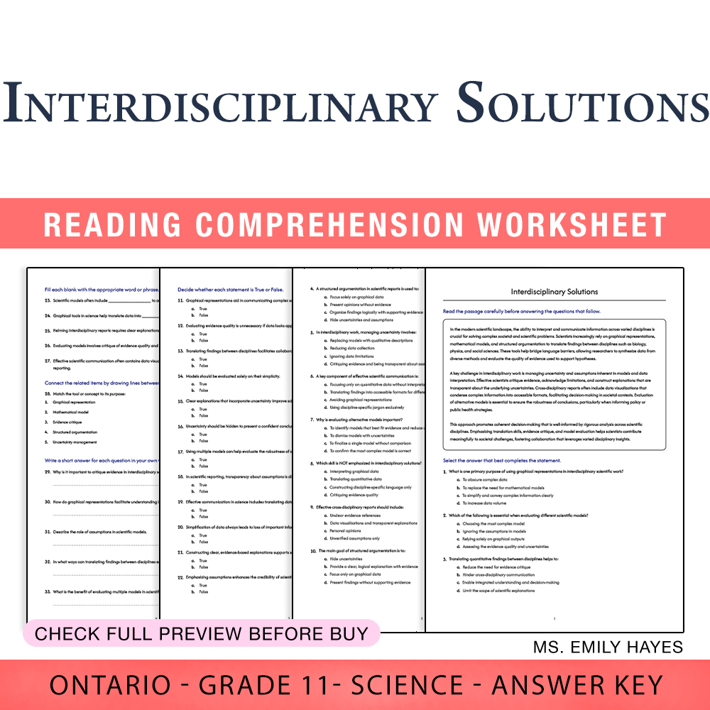 Grade 11 Science worksheet worksheet — 11th Grade Science | Interdisciplinary Solutions Worksheet (PDF + Answer Key) — page 1