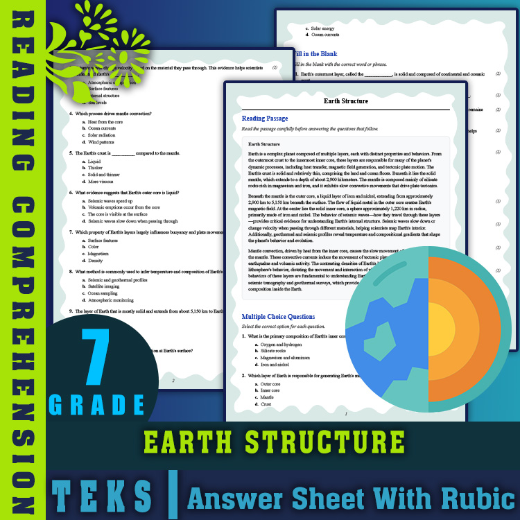 Grade 7 Science reading worksheets worksheet — Grade 7 Science | Earth Structure Reading Worksheet (PDF + Rubric) — page 1