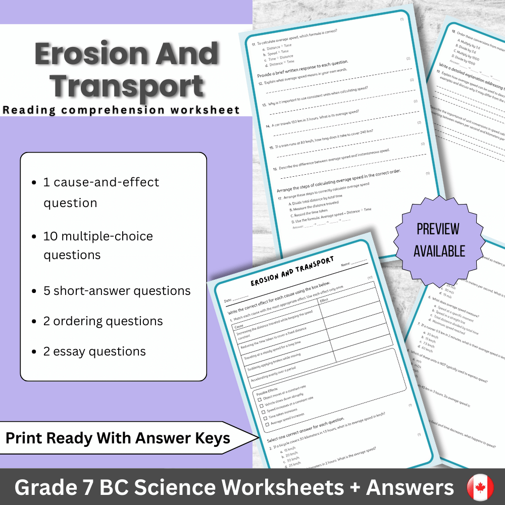 7th Grade Science | Erosion and Transport Worksheet (Answer Key) - BC Standards