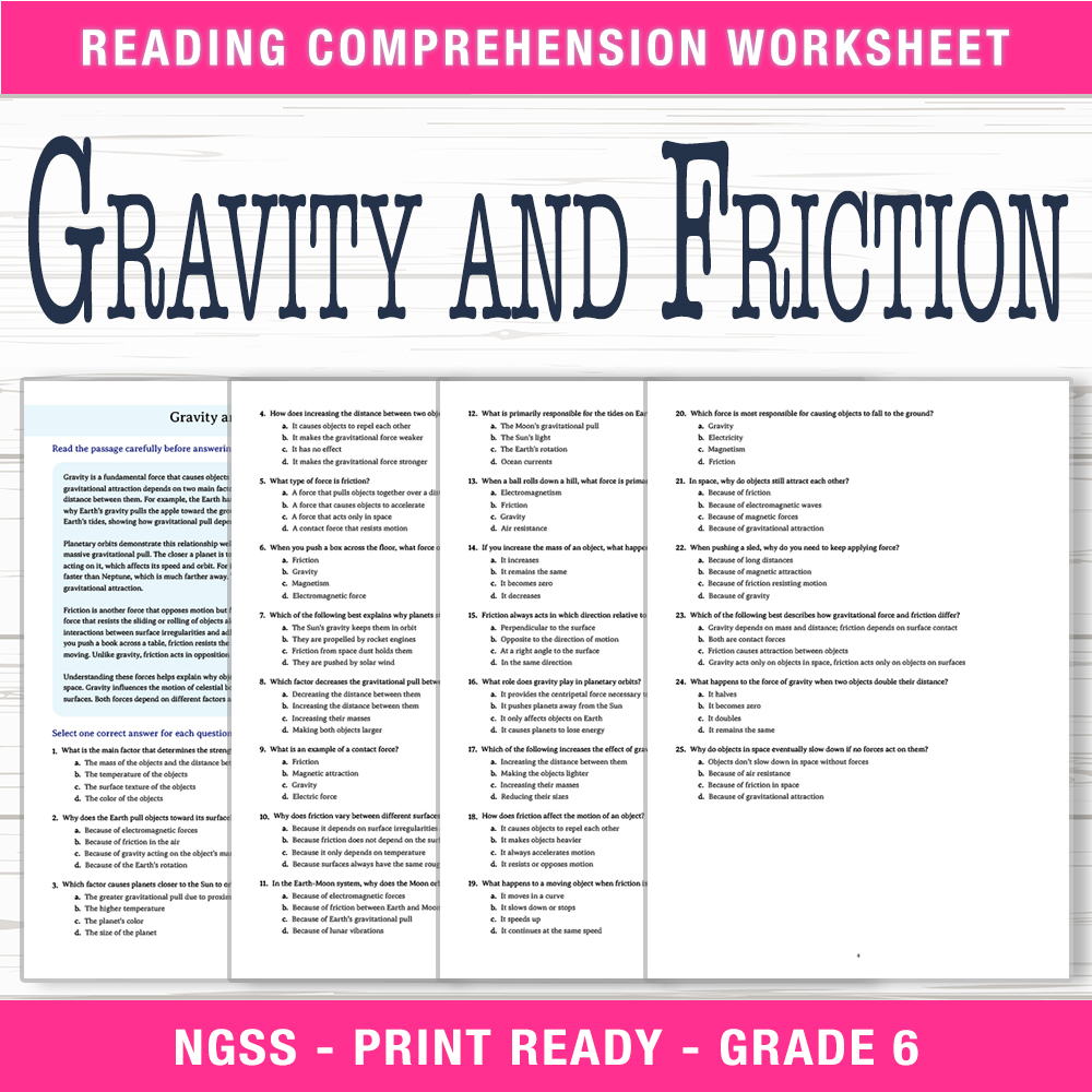 Grade 6 Science worksheet worksheet — 6th Grade Science | Gravity and Friction Worksheet (PDF + Answer Key) — page 1