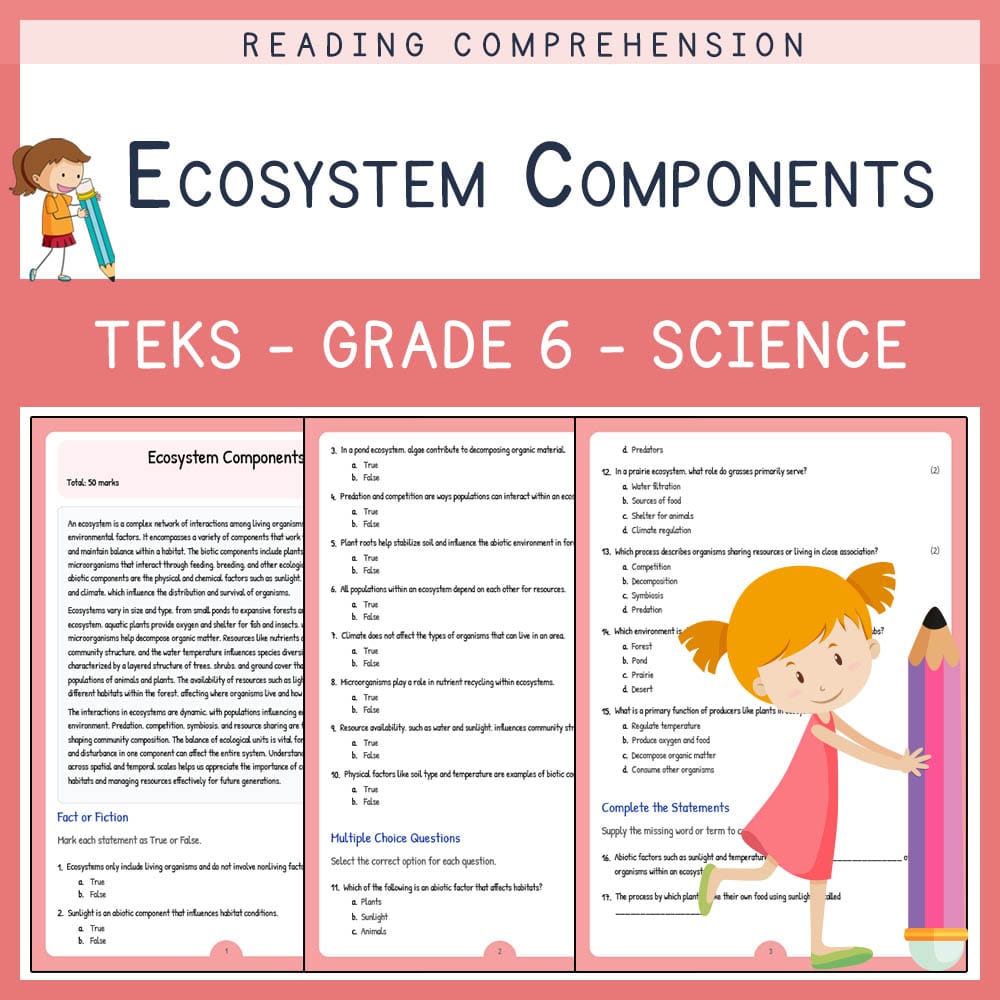 Grade 6 Science worksheet elena worksheet — Grade 6 Science | Ecosystem Components Worksheet | TEKS-Aligned — page 1