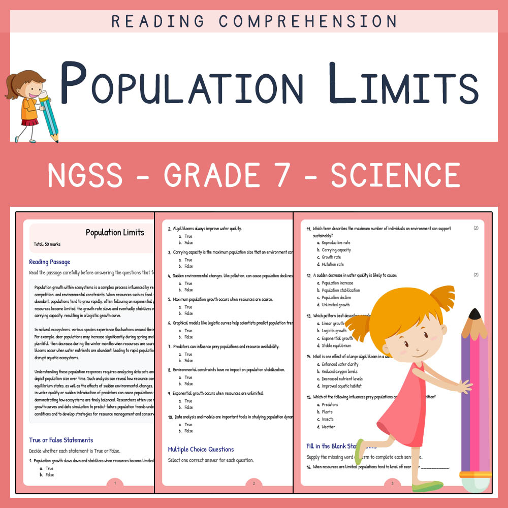 Grade 7 Science worksheet worksheet — Grade 7 Science | Population Limits Worksheet & Answer Key (NGSS-Aligned) — page 1