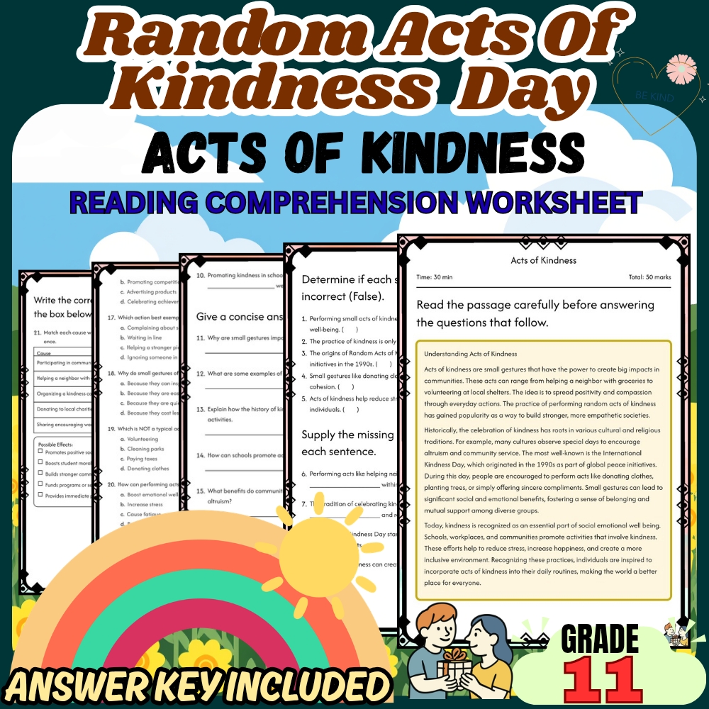 Grade 11 Random acts of kindness Worksheet for Social Impact | PDF + Answer Key