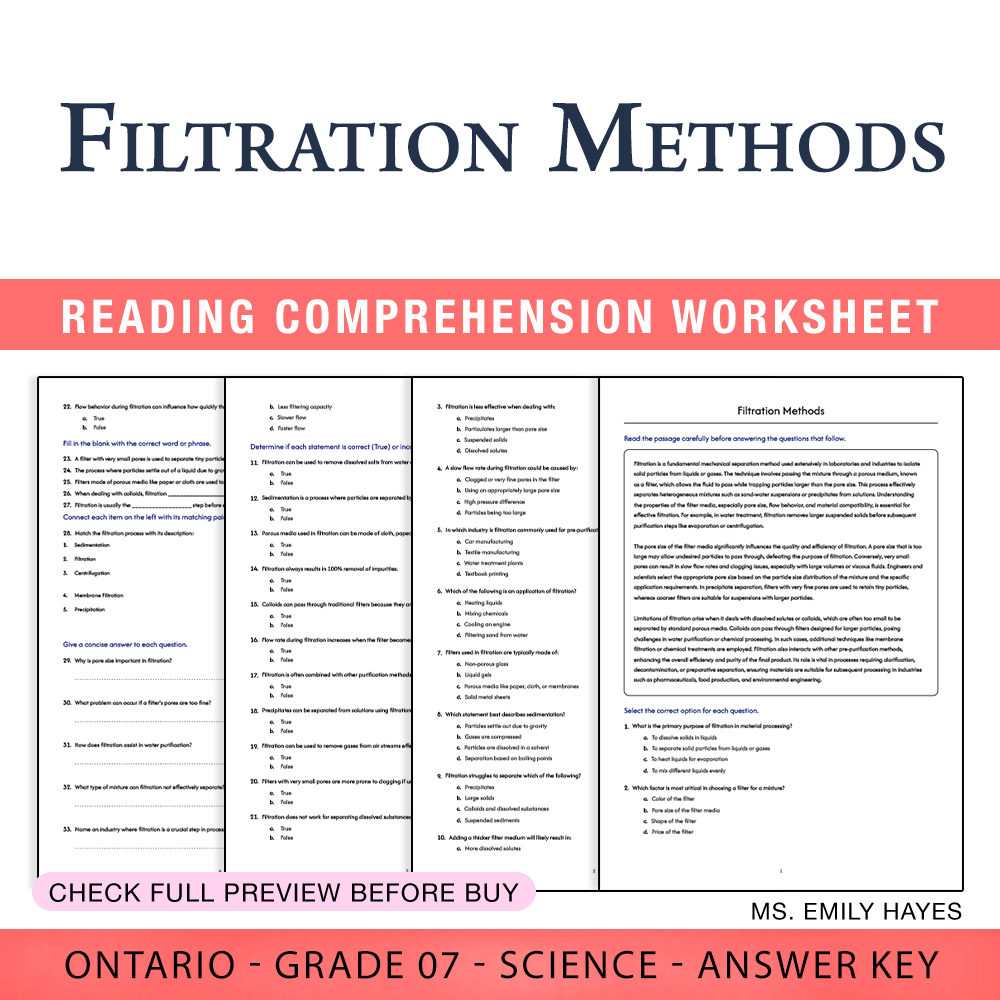 Grade 7 Science worksheet worksheet — 7th Grade Science | Filtration Methods Worksheet (PDF+ Answer Key) — page 1