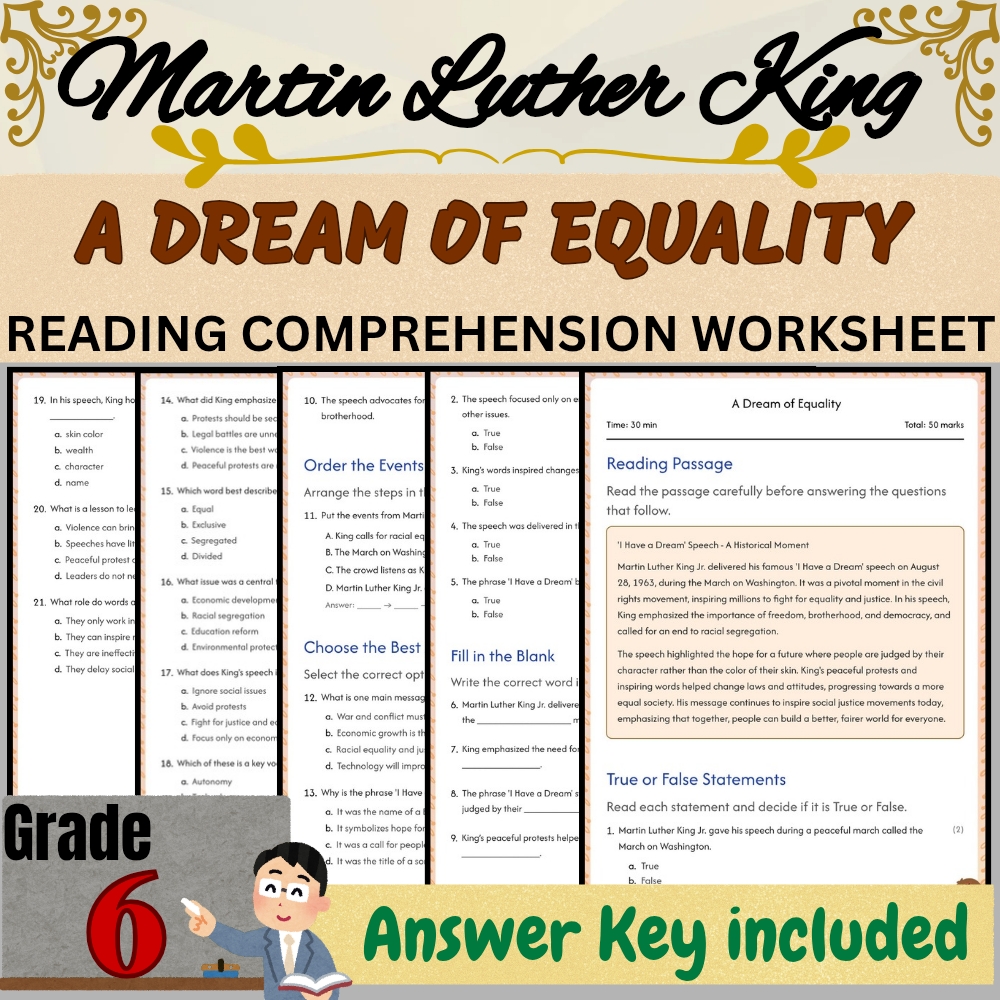 Grade 6 | Martin Luther King 'I Have a Dream' Worksheet PDF + Answer Key