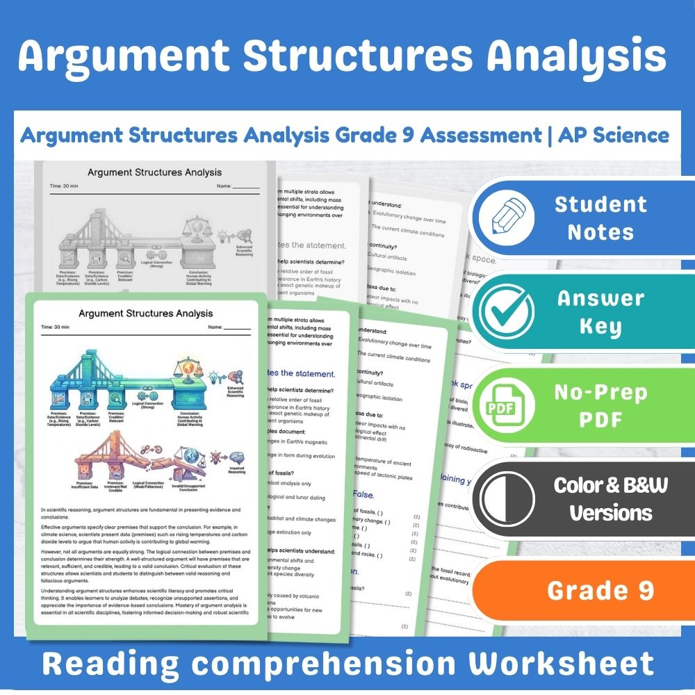 Grade 9 Science assessment worksheet — Argument Structures Analysis Assessment | Advanced Placement Grade 9 Science — page 1