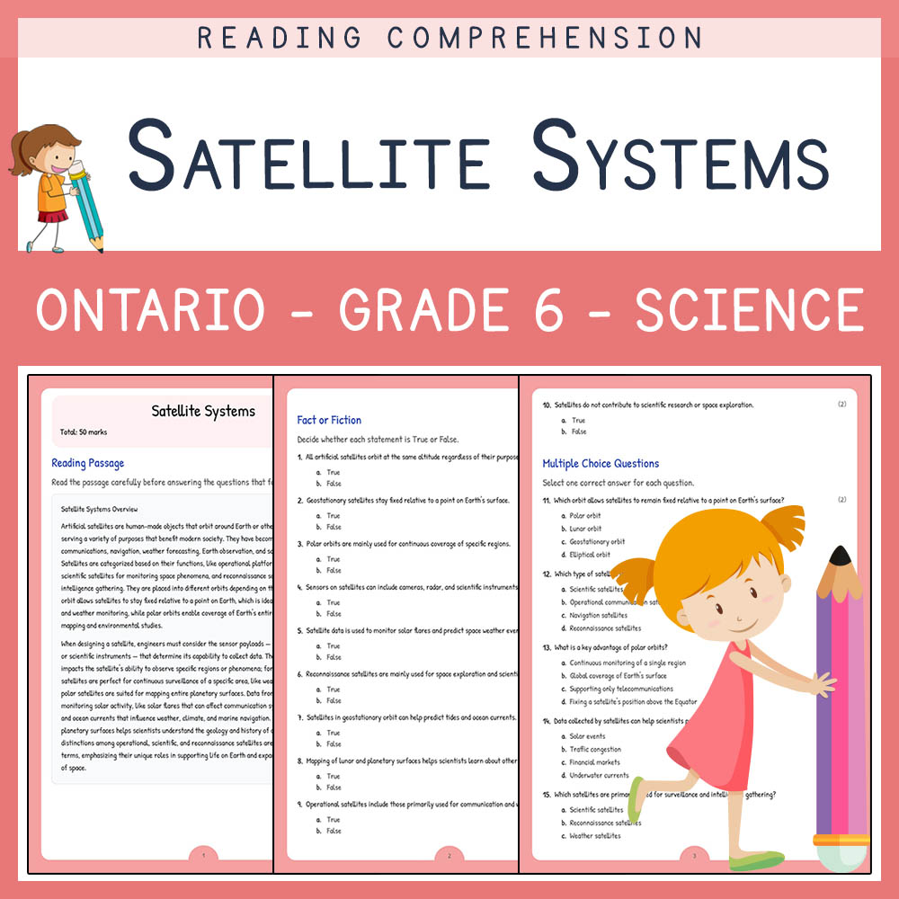 Grade 6 Science worksheet worksheet — Grade 6 Science | Satellite Systems Worksheet + Answer Key – Ontario Standards — page 1