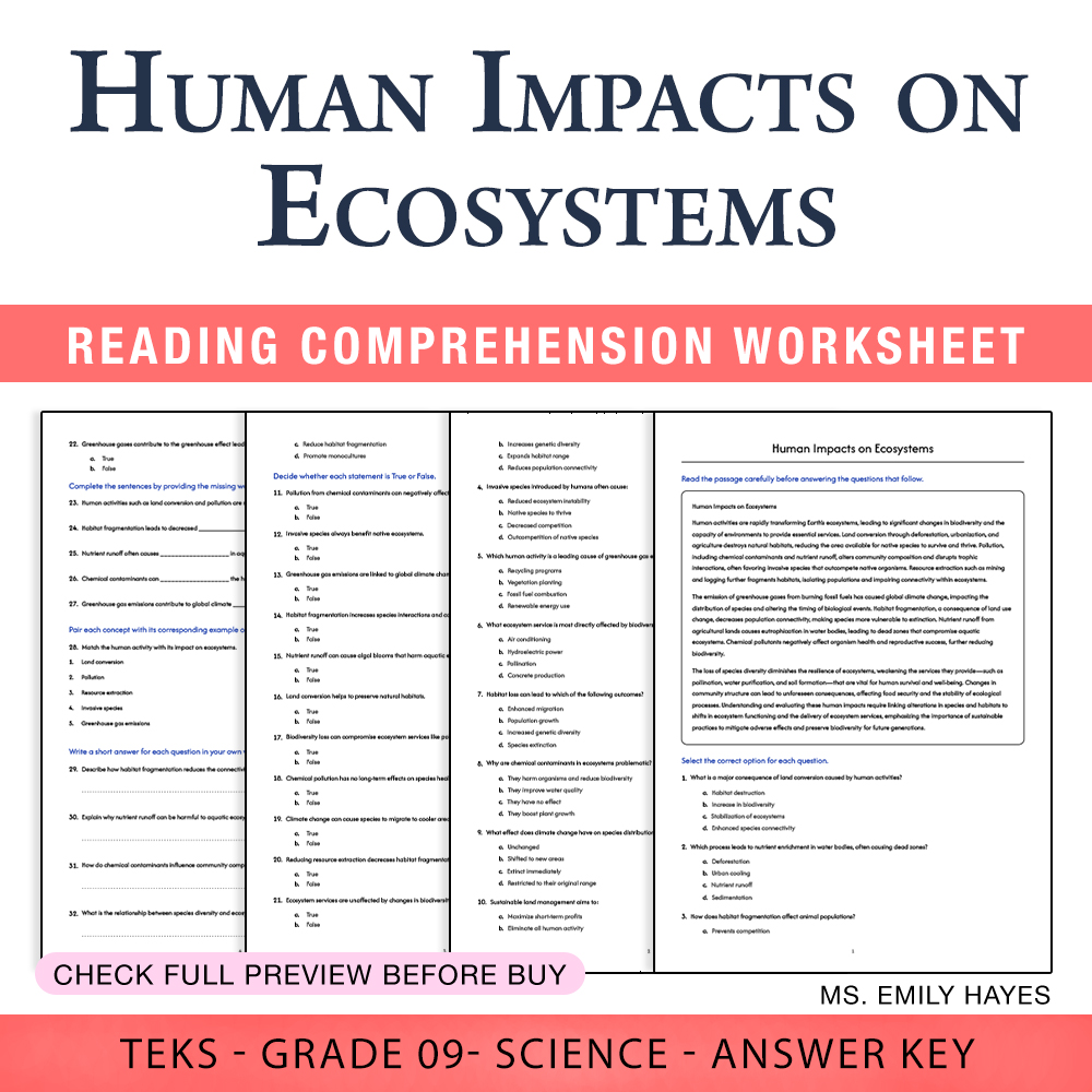 Grade 9 Science worksheet worksheet — 9th Grade Science | Human Impacts on Ecosystems Worksheet (PDF+ Answer Key) — page 1