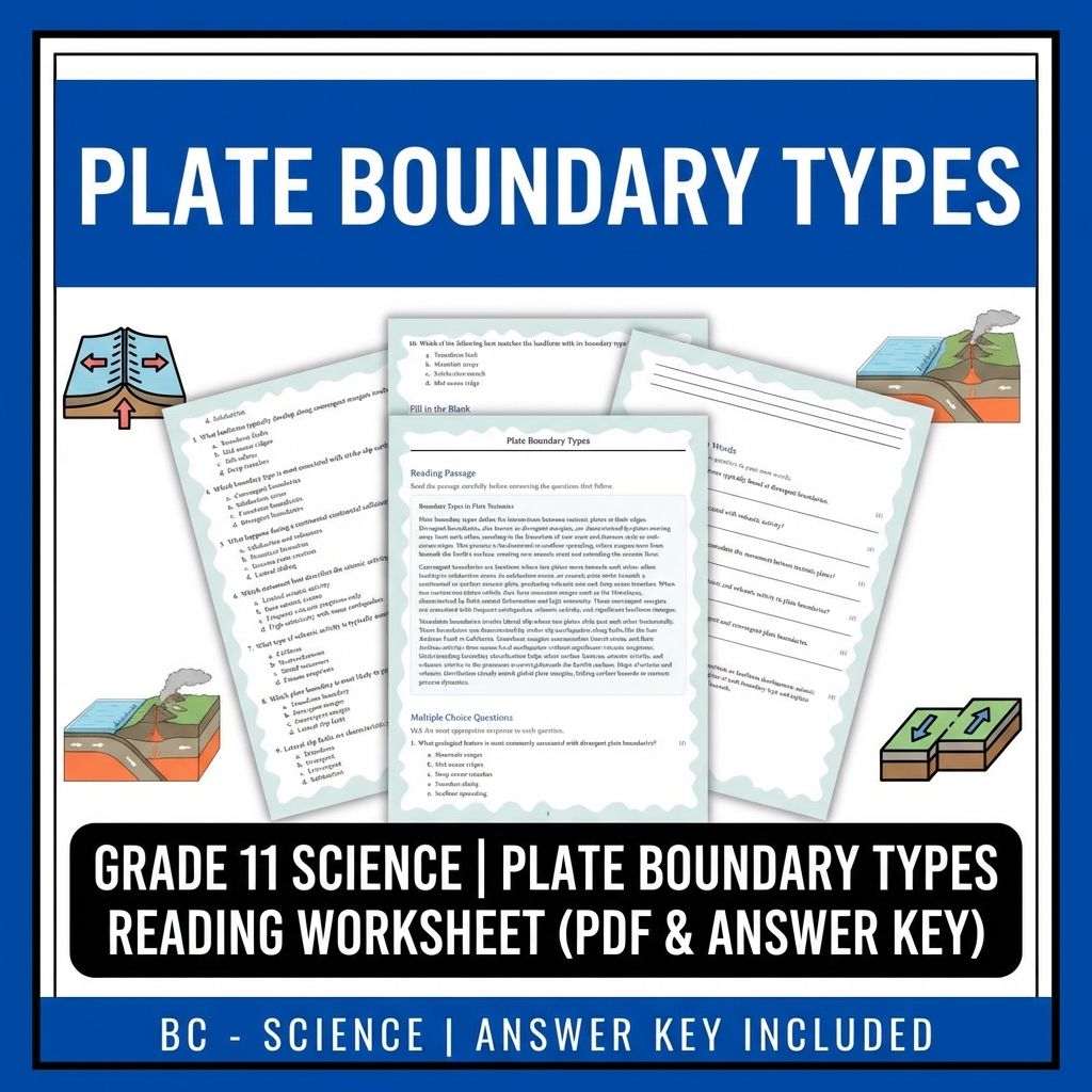 Grade 11 Science reading worksheets — Grade 11 Science | Plate Boundary Types Reading Worksheet (PDF & Answer Key)