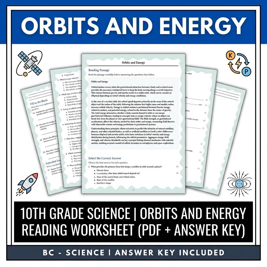 Grade 10 Science | Orbits and Energy Reading Worksheet with Answer Key (PDF)