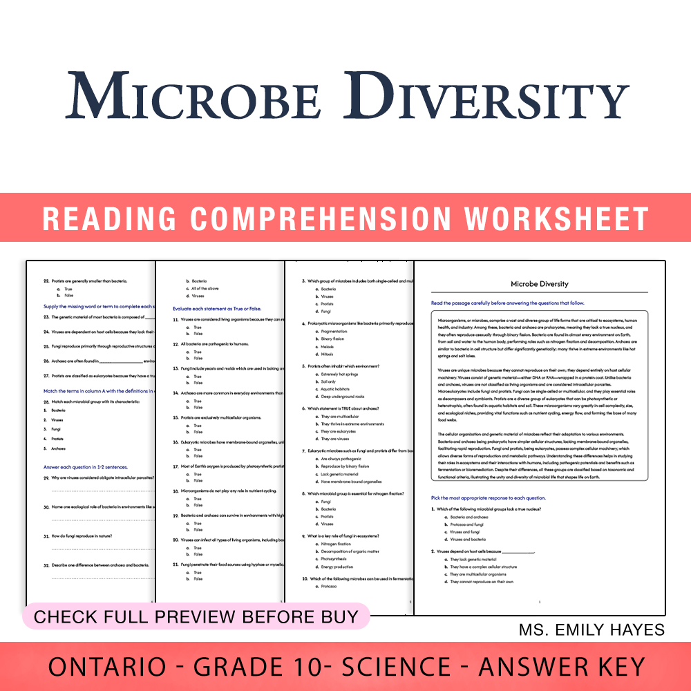 Grade 10 Science worksheet worksheet — 10th Grade Science | Microbe Diversity Worksheet (PDF + Answer Key) — page 1