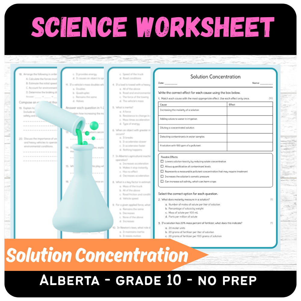 Grade 10 Science – Solution Concentration Worksheet (PDF)