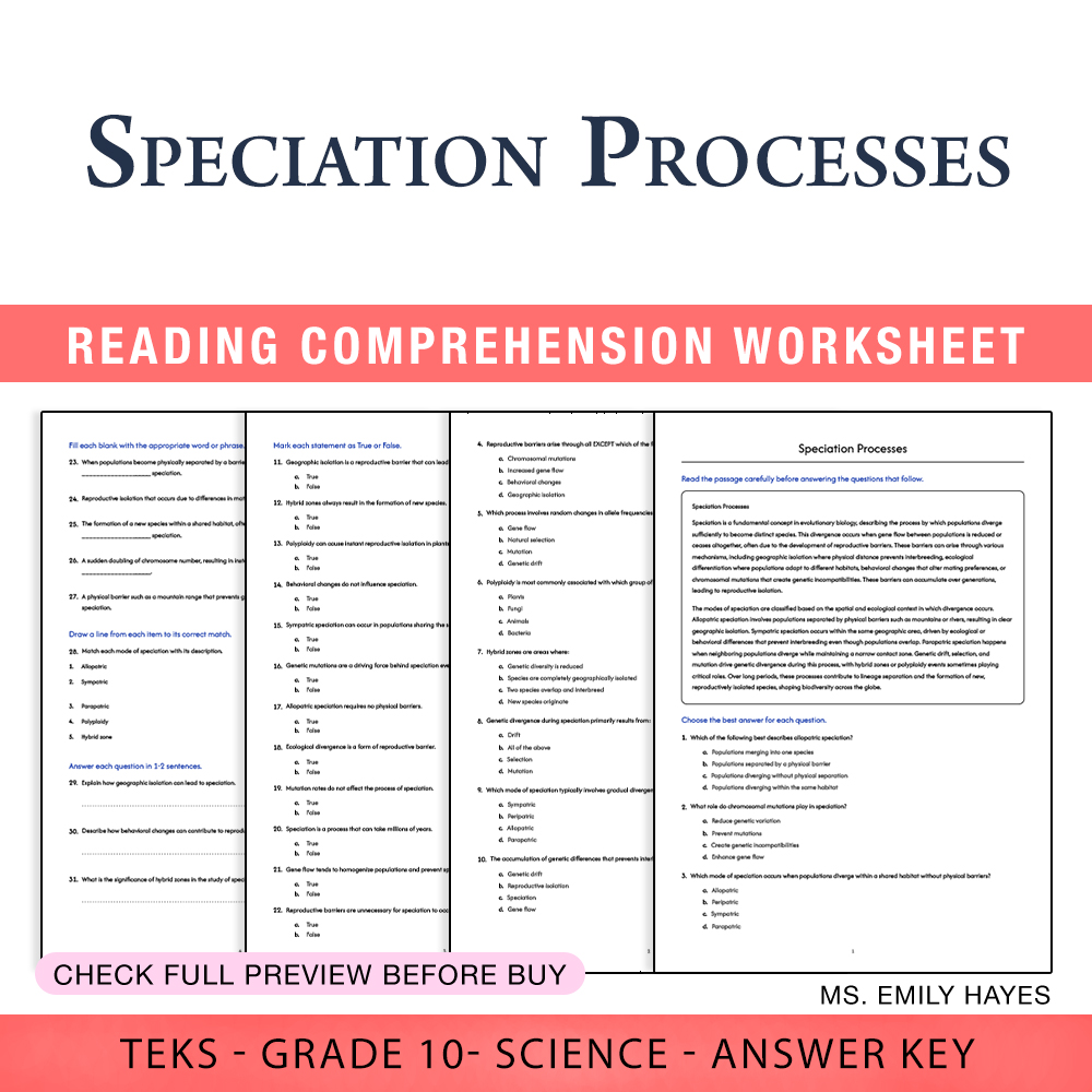 Grade 10 Science worksheet worksheet — 10th Grade Science | Speciation Processes Worksheet (PDF + Answer Key) — page 1