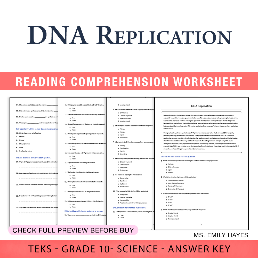 Grade 10 Science worksheet worksheet — Grade 10 Science | DNA Replication Worksheet (PDF+ Answer Key) — page 1