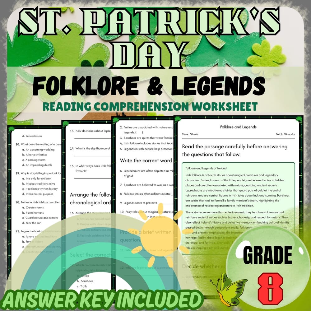 Grade 8 Holiday Worksheets Bundle | St. Patrick's Day Irish Culture & Folklore — included worksheet 5