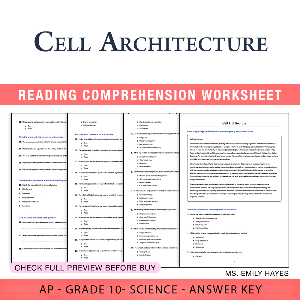 Grade 10 Science worksheet worksheet — Grade 10 Science | Cell Architecture Worksheet (PDF+ Answer Key) — page 1