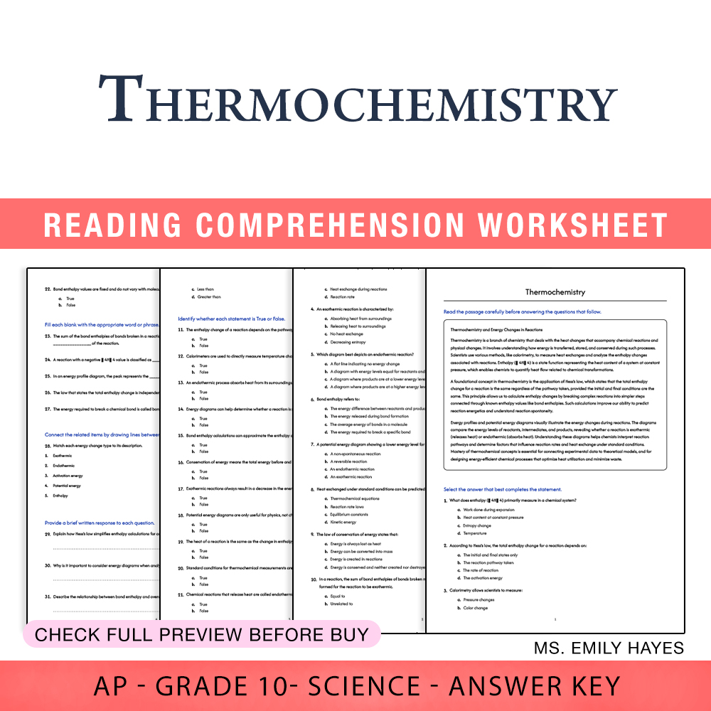 Grade 10 Science worksheet worksheet — Grade 10 Science | Thermochemistry Worksheet (PDF+ Answer Key) — page 1