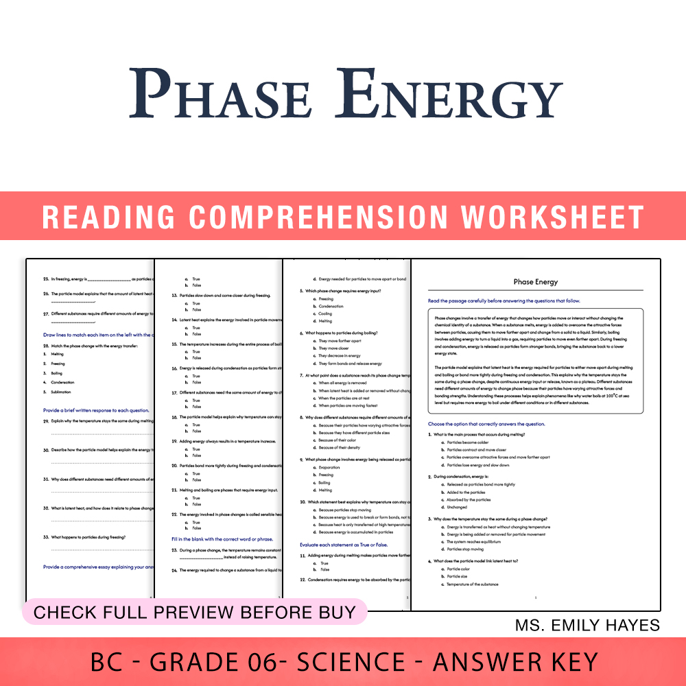 Grade 6 Science worksheet worksheet — 6th Grade Science | Phase Energy Worksheet (PDF+ Answer Key) — page 1