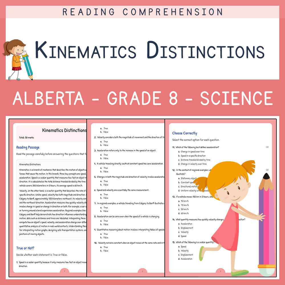 Grade 8 Science worksheet elena worksheet — Grade 8 Science | Kinematics Distinctions Worksheet | Alberta Standard — page 1