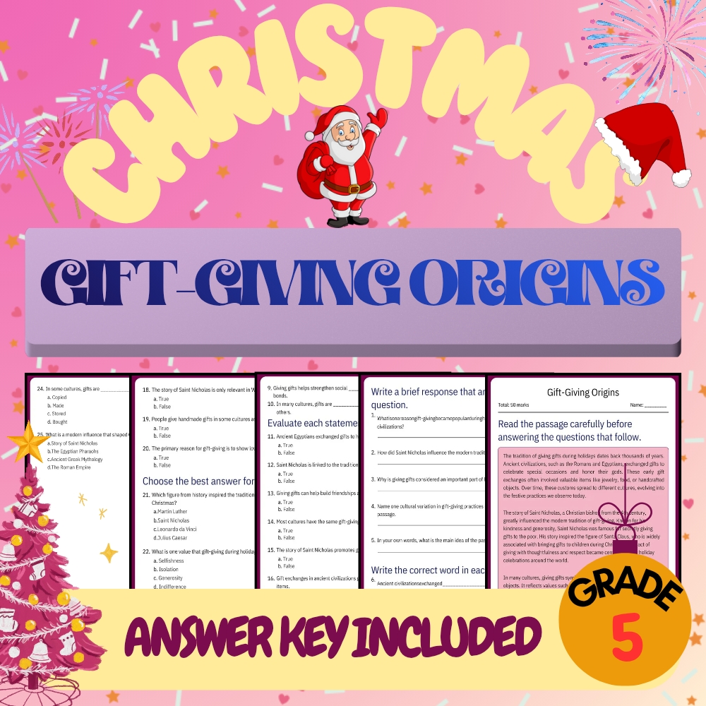 Grade 5 Seasonal – Gift-Giving Origins Worksheet for Mastery | PDF + Answer Key