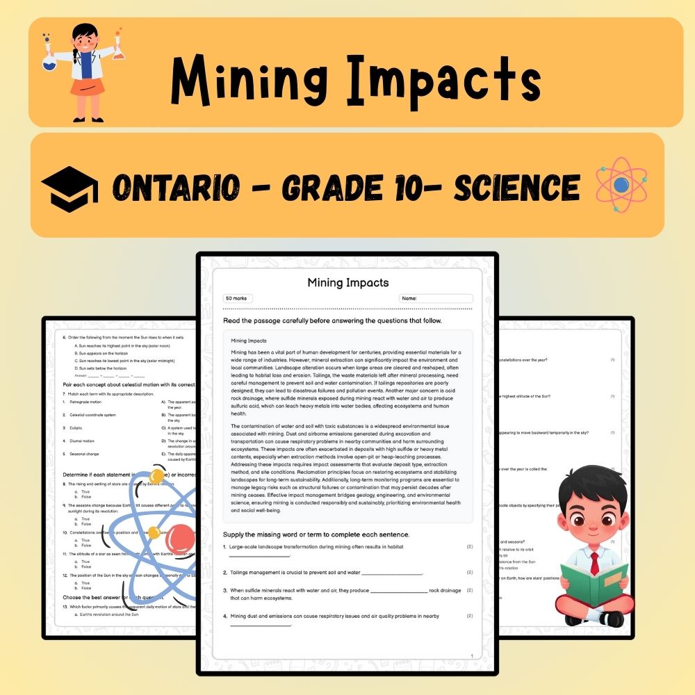 Grade 10 Science worksheet worksheet — Grade 10 Science | Mining Impacts Worksheet + Answer Key – Ontario Standards (PDF)…
