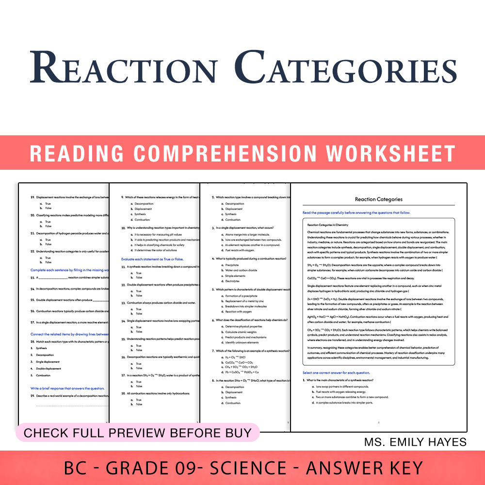 Grade 9 Science worksheet worksheet — Grade 9 Science | Reaction Categories Worksheet (PDF+ Answer Key) — page 1