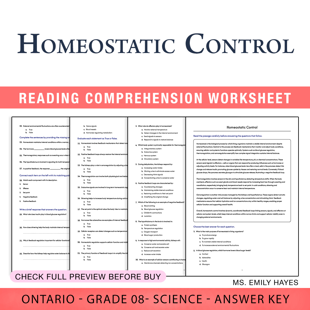 Grade 8 Science worksheet worksheet — Grade 8 Science | Homeostatic Control Worksheet (PDF+ Answer Key) — page 1