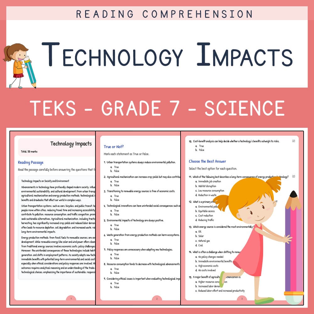 Grade 7 Science worksheet elena worksheet — Grade 7 Science | Technology Impacts Worksheet | TEKS Aligned — page 1