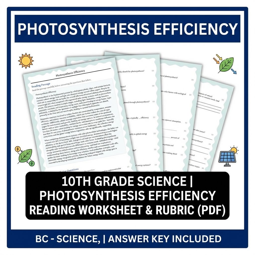 10th Grade Science | Photosynthesis Efficiency Reading Worksheet & Rubric (PDF)