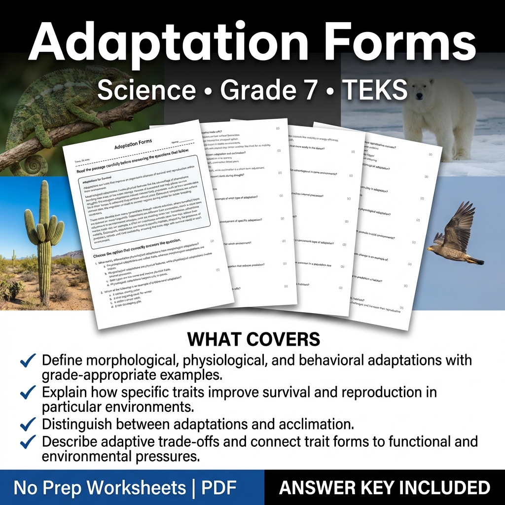 Grade 7 Science worksheet — Grade 7 Science Worksheet on Adaptation Forms | TEKS Aligned