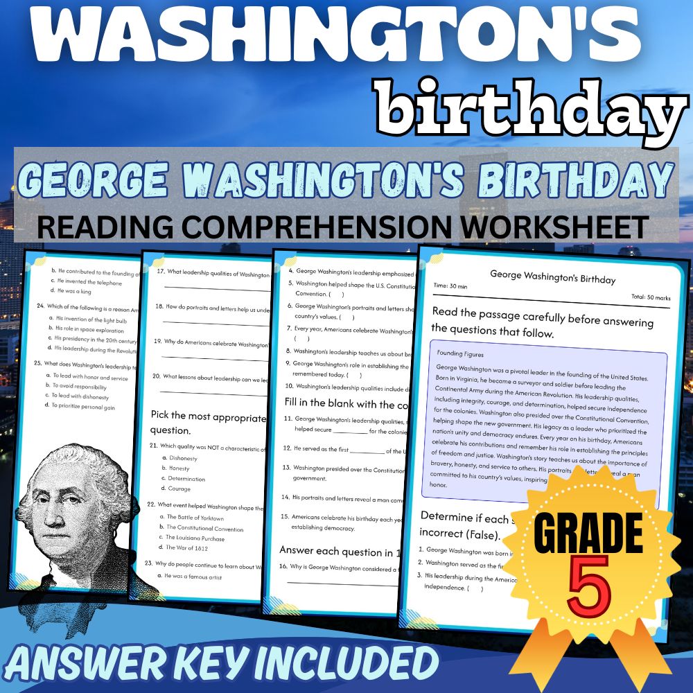 Grade 5 | George Washington's Birthday Worksheet for Mastery | PDF + Answer Key