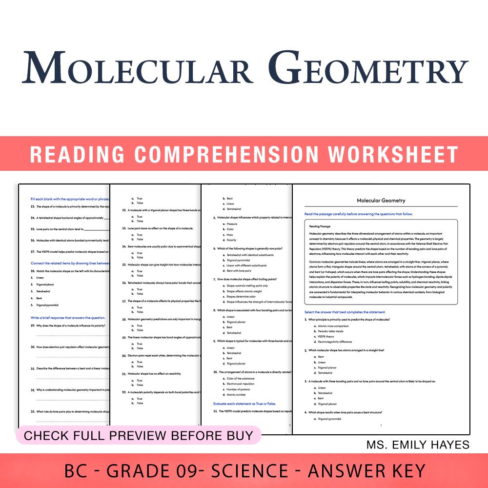 Grade 9 Science worksheet worksheet — Grade 9 Science | Molecular Geometry Worksheet (PDF+ Answer Key) — page 1