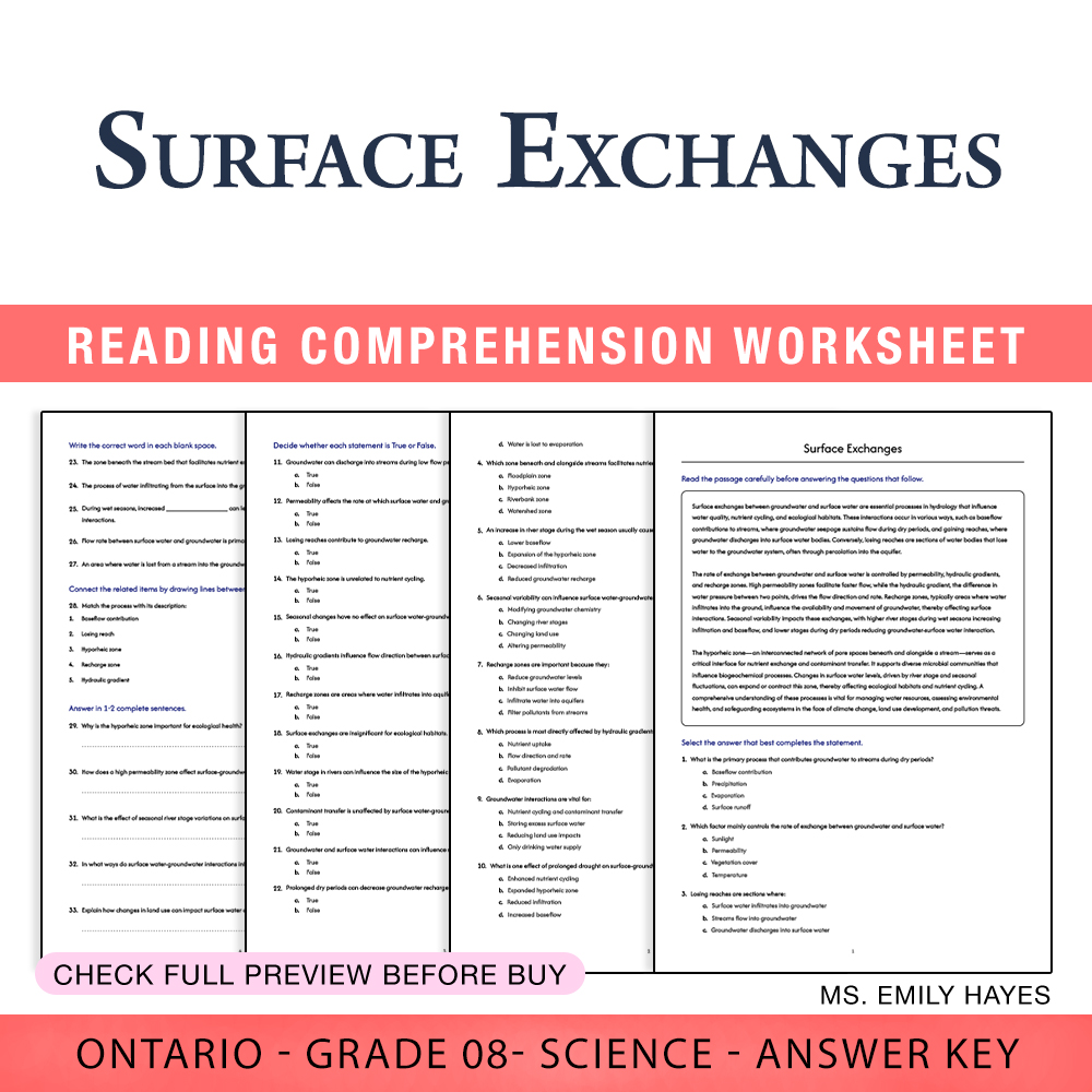 Grade 8 Science worksheet worksheet — 8th Grade Science | Surface Exchanges Worksheet (PDF+ Answer Key) — page 1