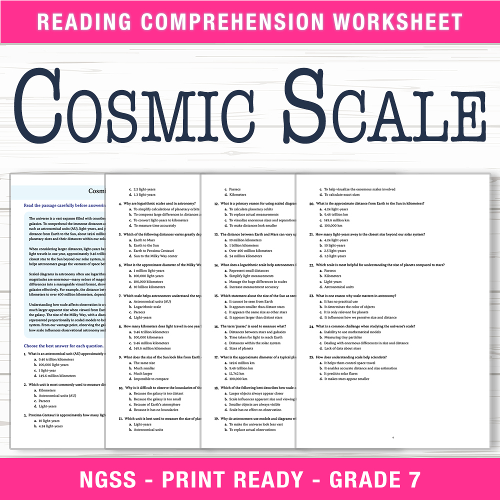 Grade 7 Science worksheet worksheet — Grade 7 Science | Cosmic Scale Worksheet (PDF + Answer Key) — page 1
